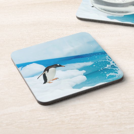 Gentoo-pinguïn, Pygoscelis Papua, springt eraf Bier Onderzetter (Linkerzijde)