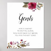 Gents Mannen Bathroom Basket Sign Burgundy Flowers Poster (Voorkant)
