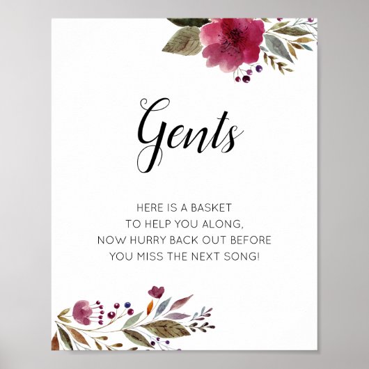 Gents Mannen Bathroom Basket Sign Burgundy Flowers Poster (Voorkant)