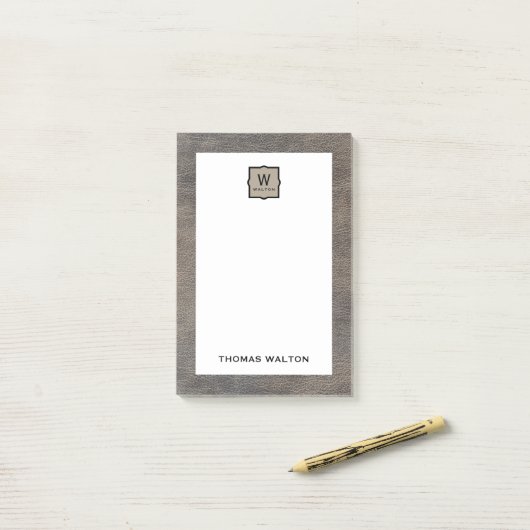 Genuine Cowhide Leather Look Monogram Name Post-it® Notes (Op bureau)