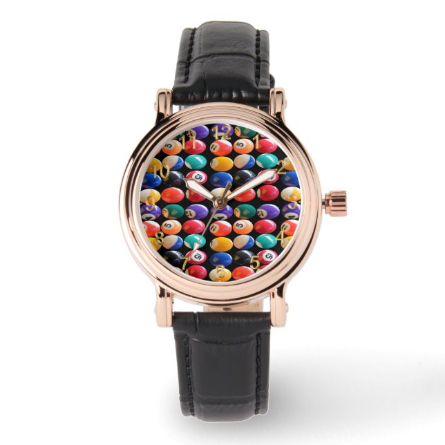 Genummerde en gekleurde achtballen,  horloge (Voorkant)