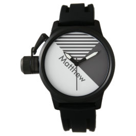 Geo Abstract Minimale Zwarte Stripes Naam Horloge