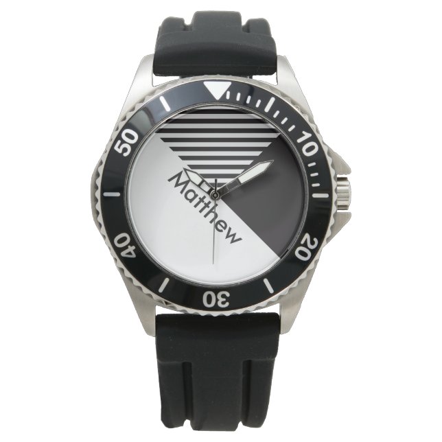 Geo Abstract Minimale Zwarte Stripes Naam Horloge (Voorkant)