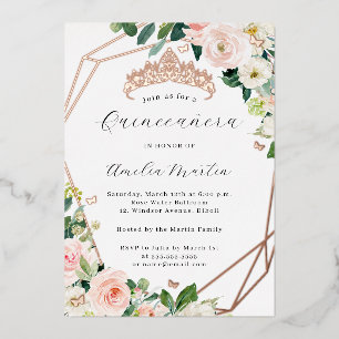 Geo Blush Bloemige Quinceanera Roze Goud Folie Uitnodiging