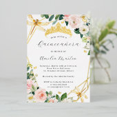 Geo Blush Floral Dragonfly Quinceanera Gold Folie Uitnodiging (Staand Voorkant)