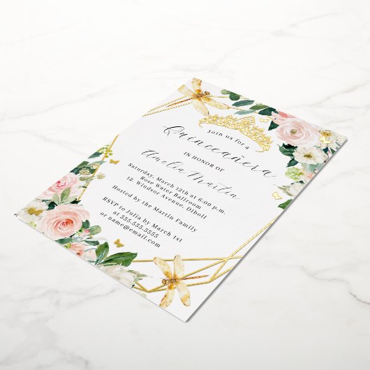 Geo Blush Floral Dragonfly Quinceanera Gold Folie Uitnodiging (Gedraaid)