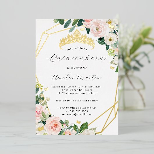 Geo Blush Floral Quinceanera Gold Folie Uitnodiging (Staand Voorkant)