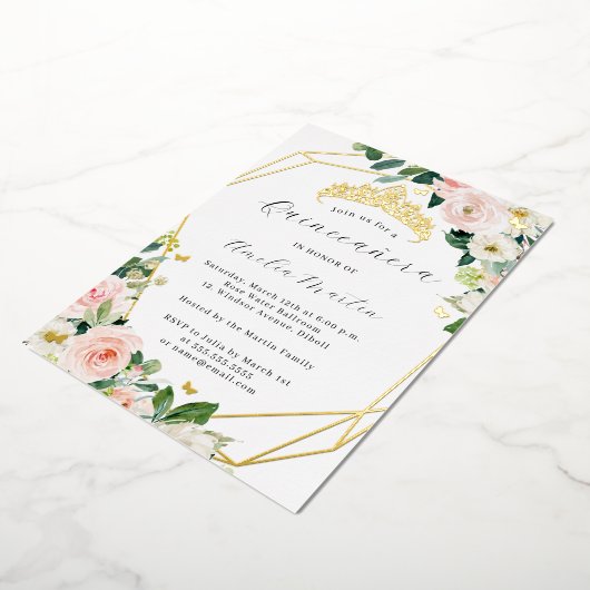 Geo Blush Floral Quinceanera Gold Folie Uitnodiging (Gedraaid)