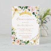 Geo Blush Gouden Bloemen Dragonfly Quinceanera Folie Uitnodiging (Staand Voorkant)