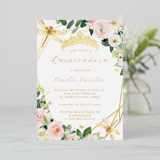Geo Blush Gouden Bloemen Dragonfly Quinceanera Folie Uitnodiging (Staand Voorkant)
