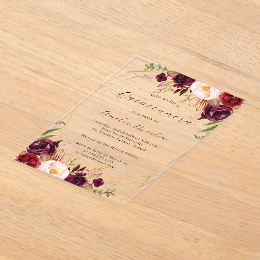 Geo Clear Acryl Bourgogne Floral Quinceanera Acryl Uitnodigingen (Laagn)