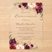 Geo Clear Acryl Bourgogne Floral Quinceanera Acryl Uitnodigingen (Voorkant)