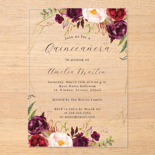 Geo Clear Acryl Bourgogne Floral Quinceanera Acryl Uitnodigingen