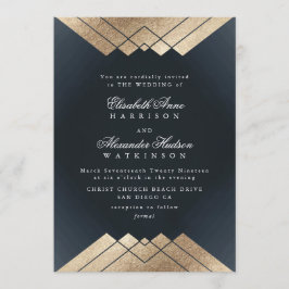 Geo Dark Navy Gold Gatsby Calligraphy Wedding Kaart