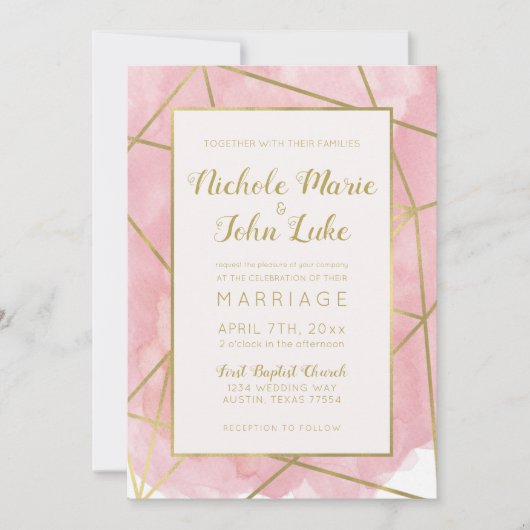 Geo Gold Folie Wedding Invitation Blush Waterverf Kaart (Voorkant)