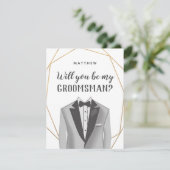 Geo Gold Tuxedo Groomsman Request Kaart (Staand voorkant)