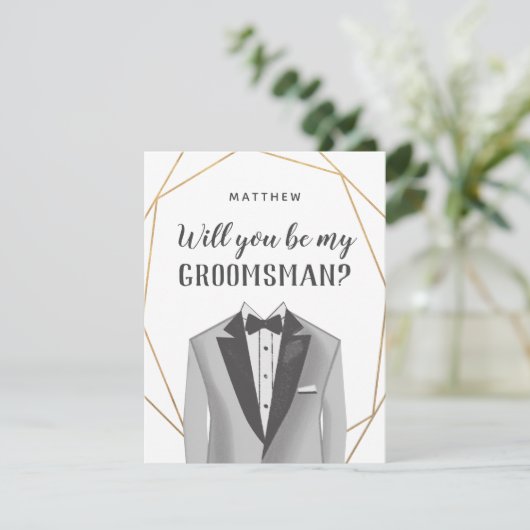 Geo Gold Tuxedo Groomsman Request Kaart (Staand voorkant)