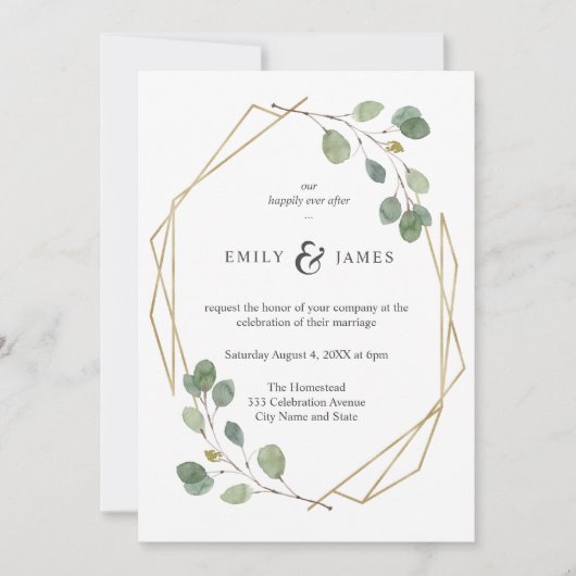 Geo gouden Lijst met Waterverf eucalyptus bruiloft Kaart (Voorkant)
