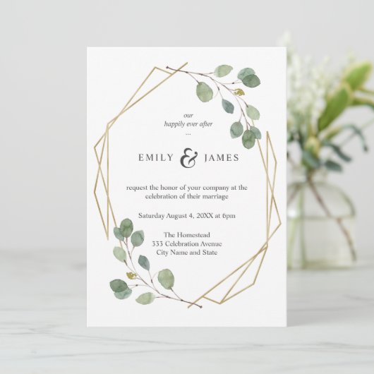 Geo gouden Lijst met Waterverf eucalyptus bruiloft Kaart (Staand voorkant)