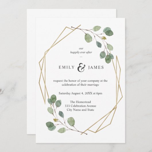 Geo gouden Lijst met Waterverf eucalyptus bruiloft Kaart (Voorkant / Achterkant)