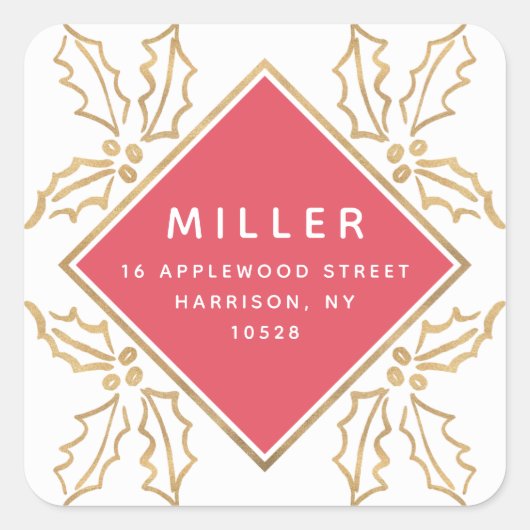 Geo Hand getrokken gouden Hollies vakantie retour Vierkante Sticker (Voorkant)