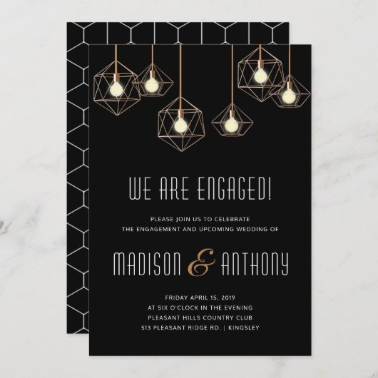 Geo Licht Modern Black Geometric Engagement Party Kaart (Voorkant / Achterkant)