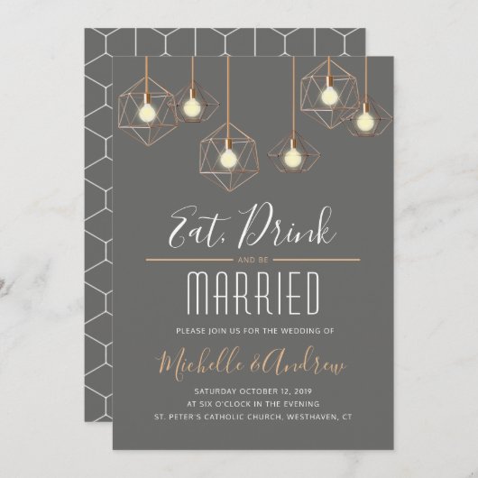Geo Lights Eet Drink en trouwen Grey Wedding Kaart (Voorkant / Achterkant)