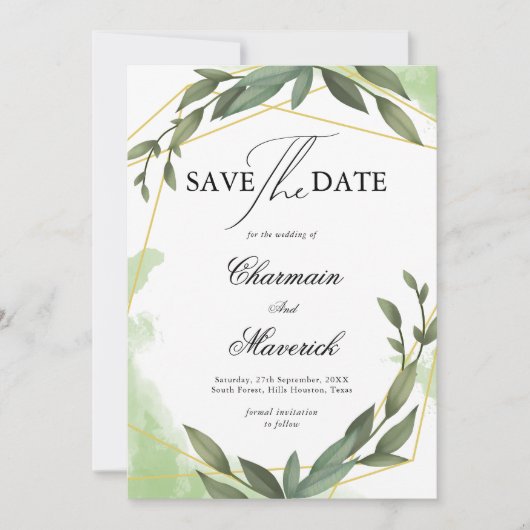 Geo Lijst Groenblad Eucalyptus Save the Date Kaart (Voorkant)