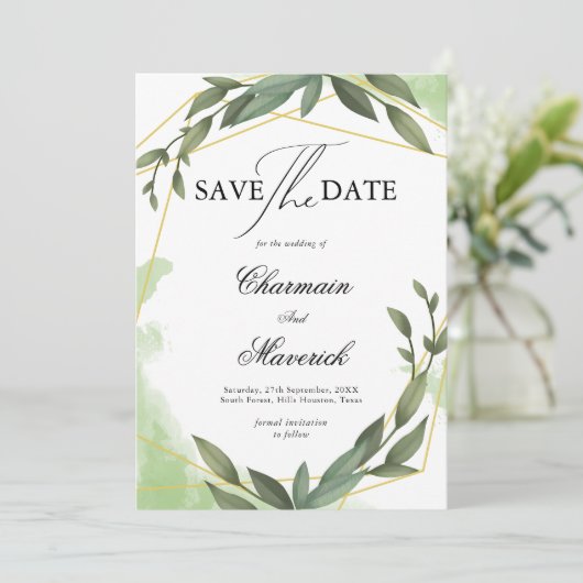 Geo Lijst Groenblad Eucalyptus Save the Date Kaart (Staand voorkant)