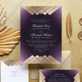 Geo Paarse Gold Gatsby Calligraphy Wedding Kaart