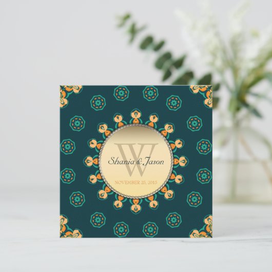 Geo Pareltjes Circle Monogram Blauwgroen goudhuwel Kaart (Staand voorkant)