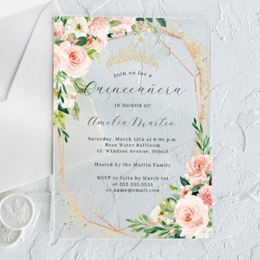 Geo Roze Bloemen Heldere Acryl Bloemen Quinceanera Acryl Uitnodigingen