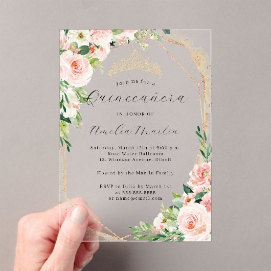 Geo Roze Bloemen Heldere Acryl Bloemen Quinceanera Acryl Uitnodigingen (Insitu (Draagbaar))