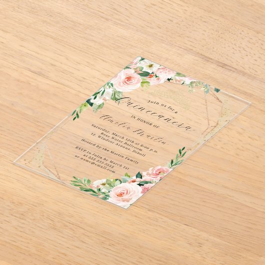 Geo Roze Bloemen Heldere Acryl Bloemen Quinceanera Acryl Uitnodigingen (Laagn)