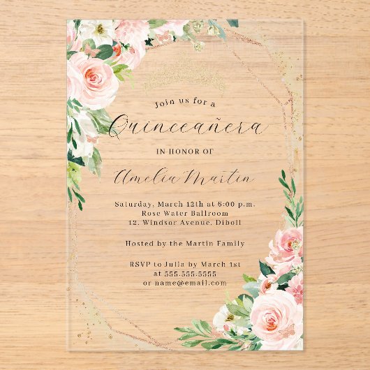 Geo Roze Bloemen Heldere Acryl Bloemen Quinceanera Acryl Uitnodigingen (Voorkant)