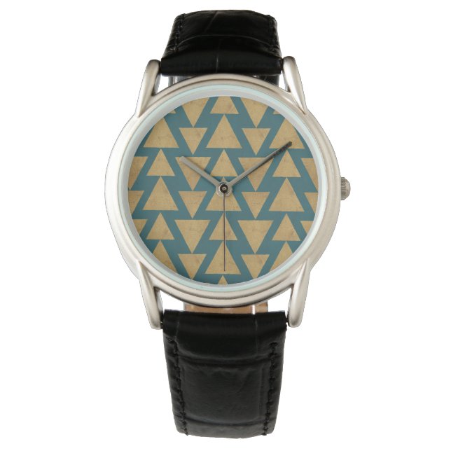 Geo-stap buiten | Blauwgroen gouden en donkere pat Horloge (Voorkant)