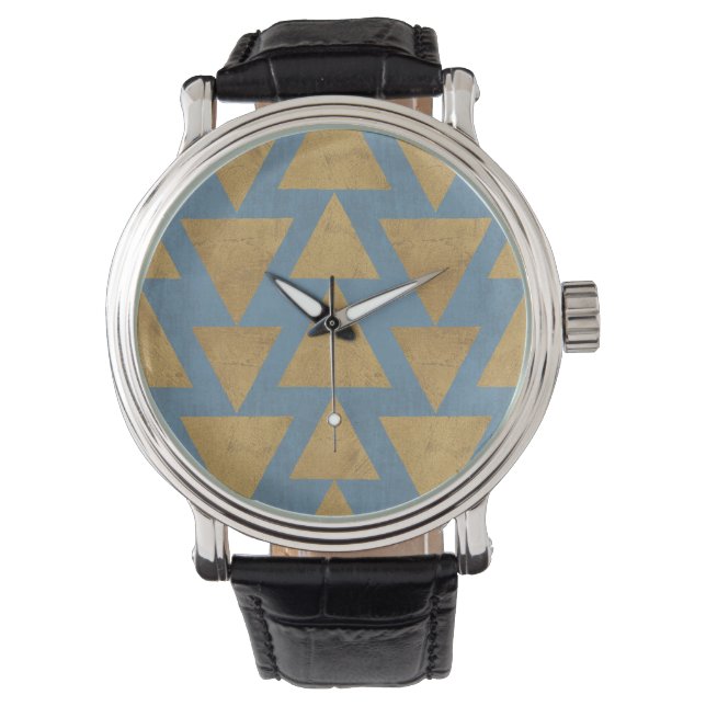 Geo-stap buiten | Goud en blauw patroon Horloge (Voorkant)