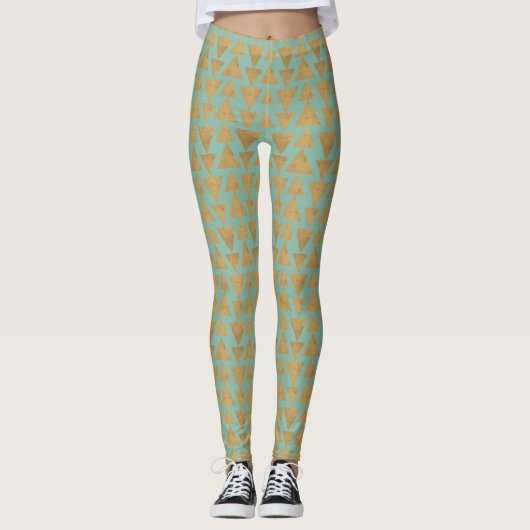 Geo-stap buitenshuis | Goud en Blauwgroen patroon Leggings (Voorkant)