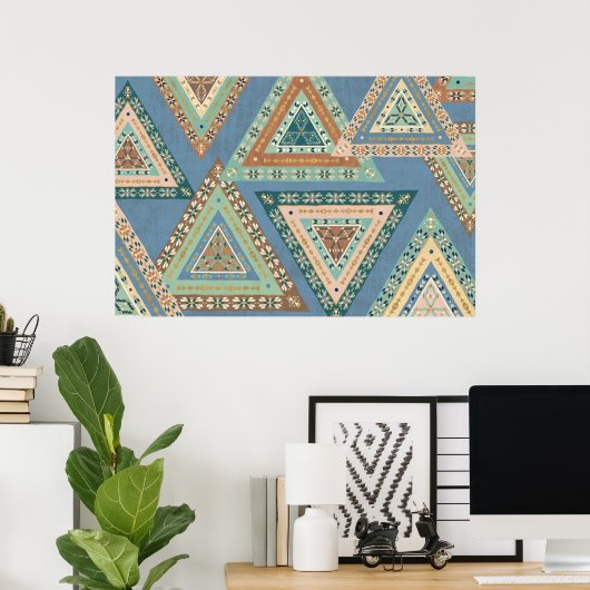 Geo X buiten | Blue Tribal Indian Pattern Poster (Thuiskantoor)