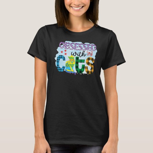 Geobsedeerd door katten grafisch patchwork-kat t-shirt (Voorkant)