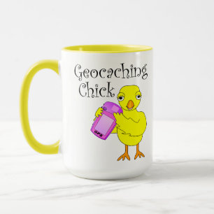 Geocaching chick curly tekst mok