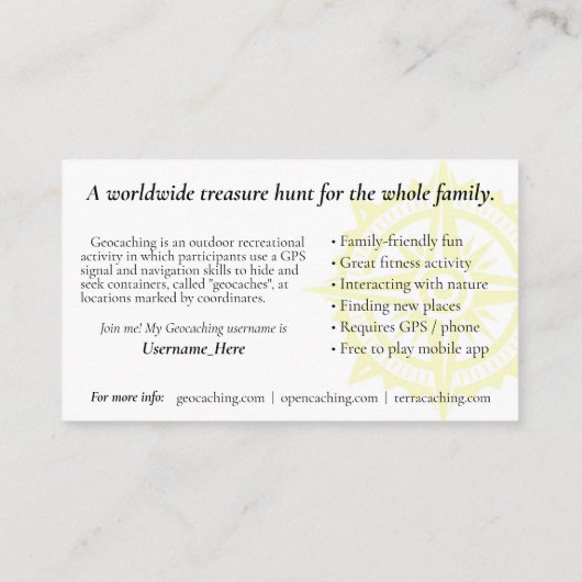 Geocaching Trail Card met Info voor Muggable Visitekaartje (Achterkant)
