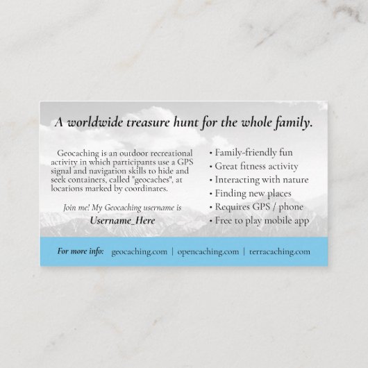 Geocaching Trail Card met Info voor Muggable Visitekaartje (Achterkant)