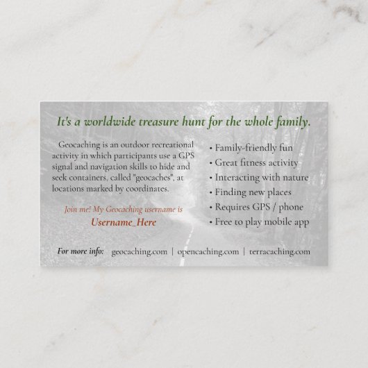 Geocaching Trail Card met Info voor Muggable Visitekaartje (Achterkant)
