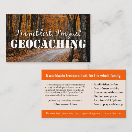 Geocaching Trail Card met Info voor Muggable Visitekaartje (Voorkant / Achterkant)