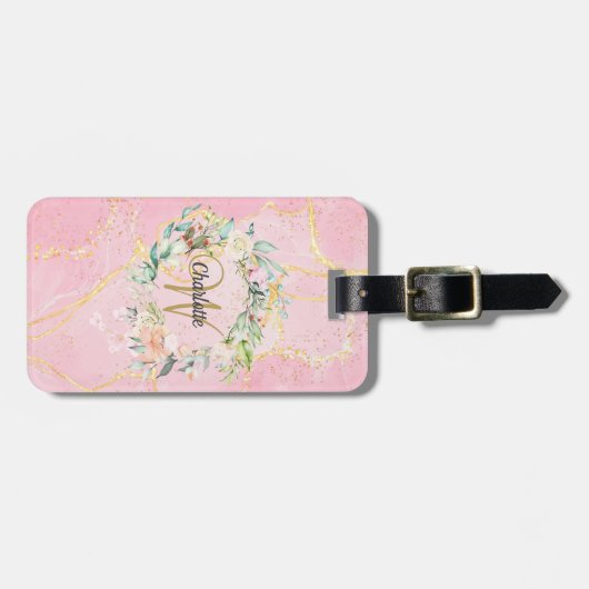 Geode Agaat Goud Script Monogram Bloemen Bagagelabel (Voorkant horizontaal)