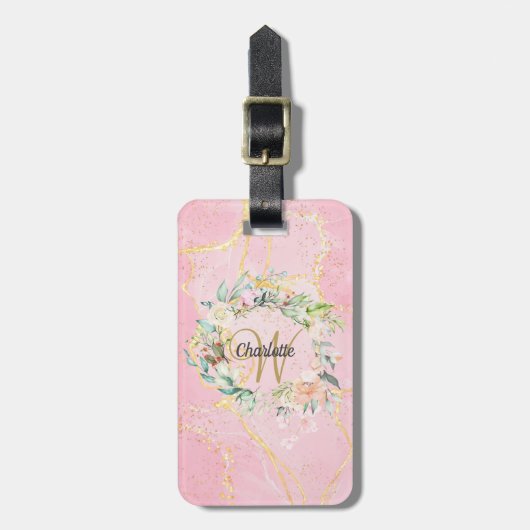 Geode Agaat Gouden Schrift Monogram Bloem Bagagelabel (Voorkant verticaal)
