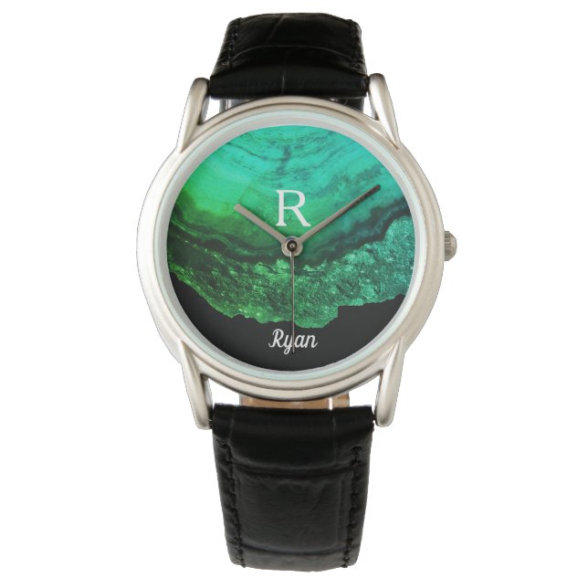 Geode Agaat Monogram Initialen Naam Sjabloon Groen Horloge (Voorkant)