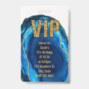 Geode Agate Blauwe Gouden Verjaardag VIP Pasje Uit Badge