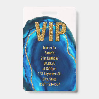 Geode Agate Blauwe Gouden Verjaardag VIP Pasje Uit Badge